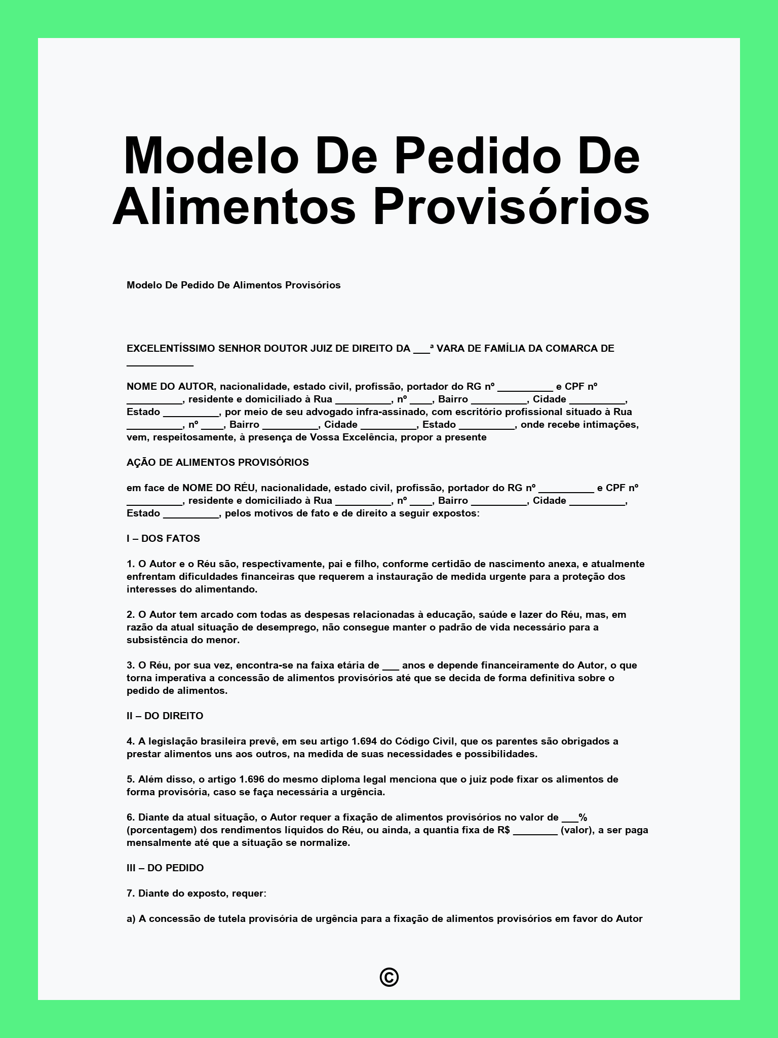 Modelo De Pedido De Alimentos Provisórios
