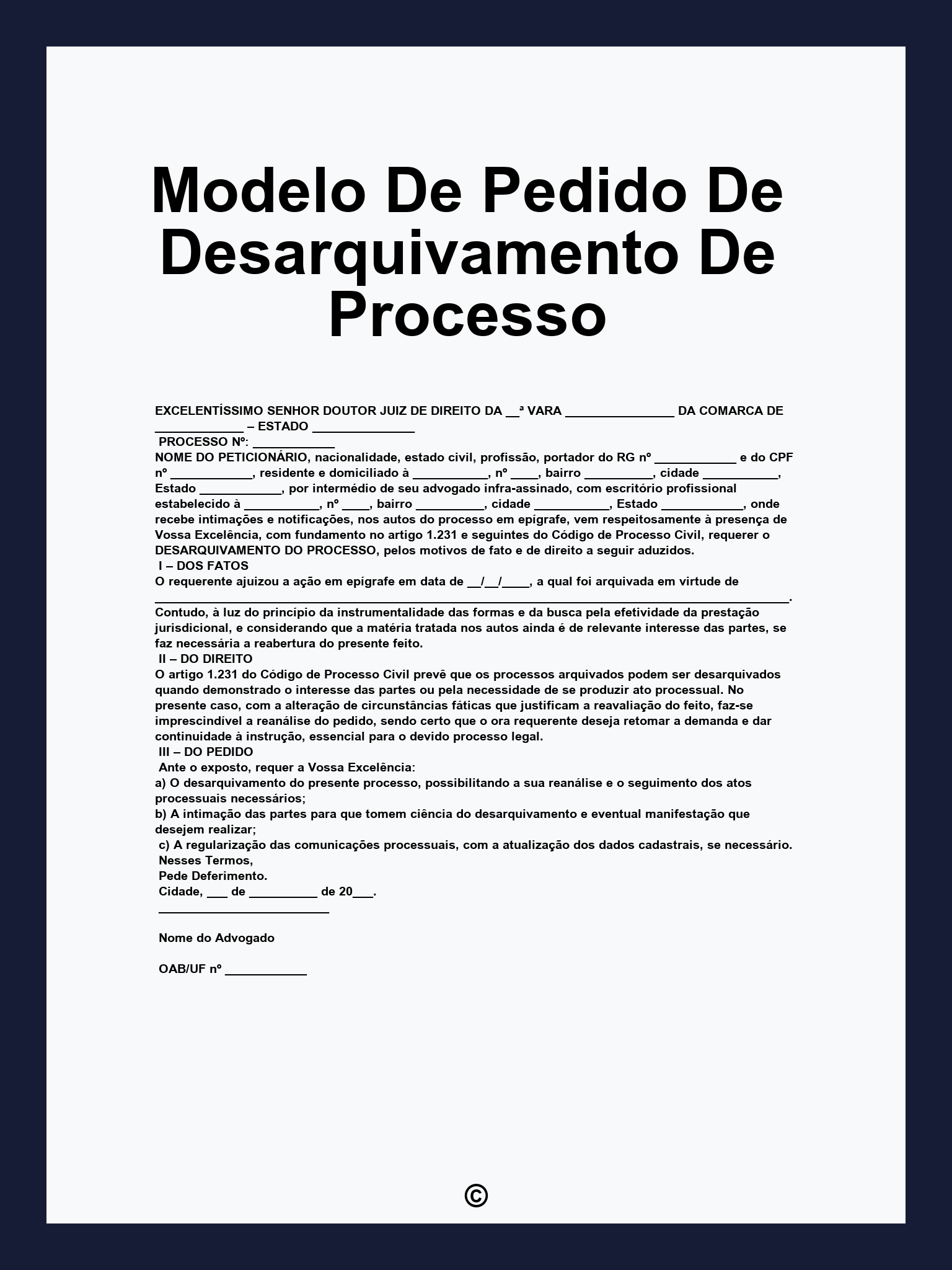 Modelo De Pedido De Desarquivamento De Processo