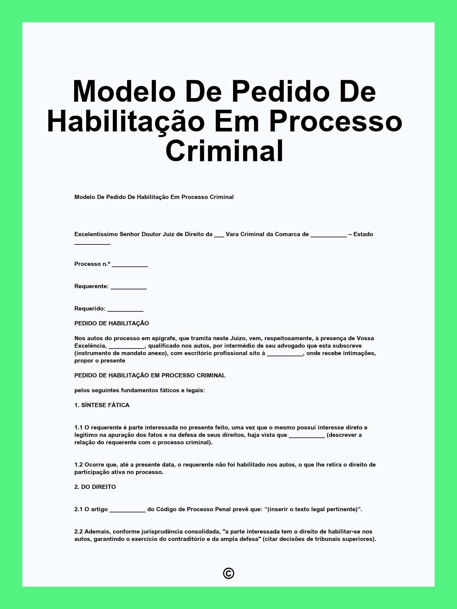 Modelo De Pedido De Habilitação Em Processo Criminal
