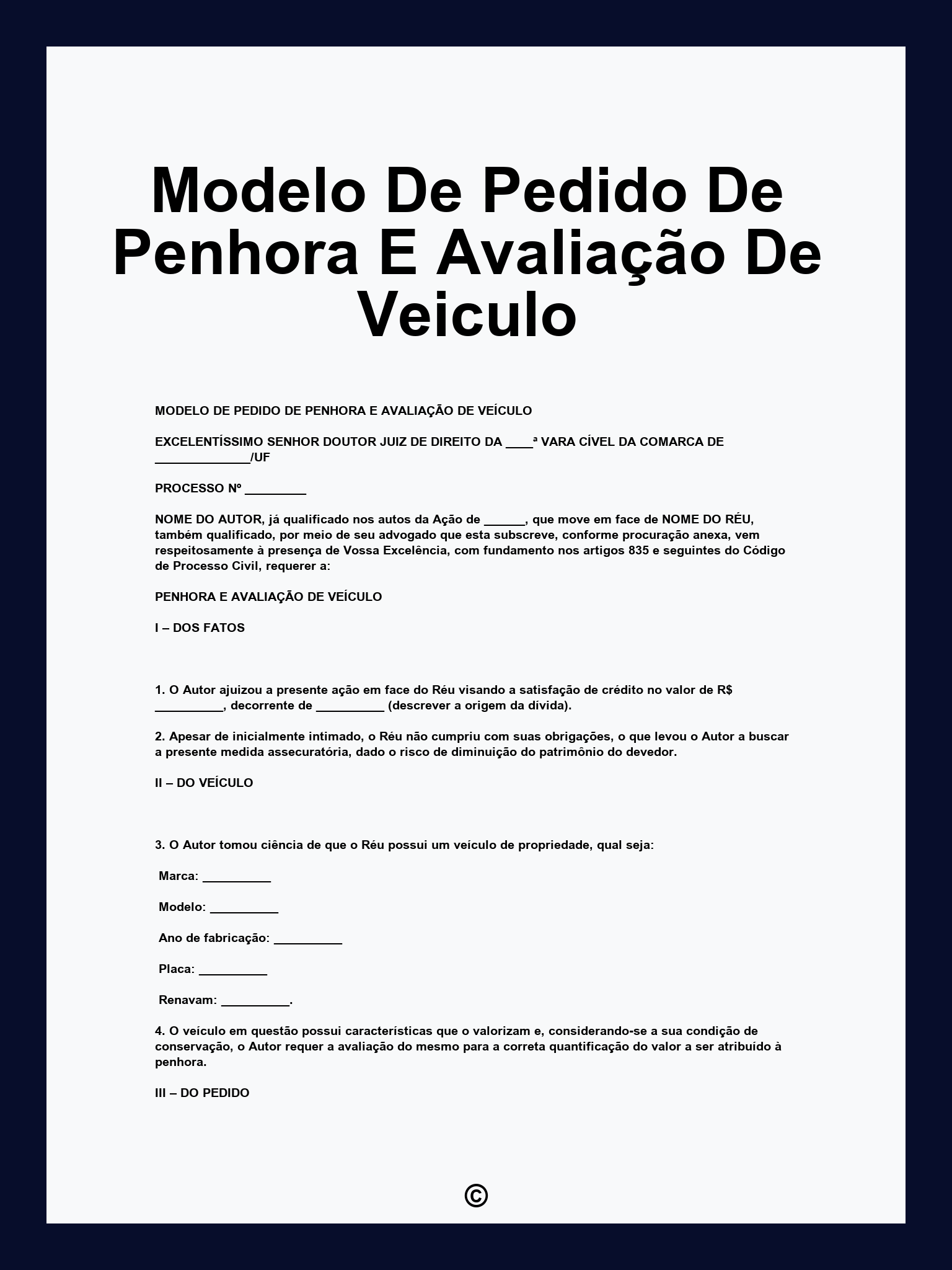 Modelo De Pedido De Penhora E Avaliação De Veiculo