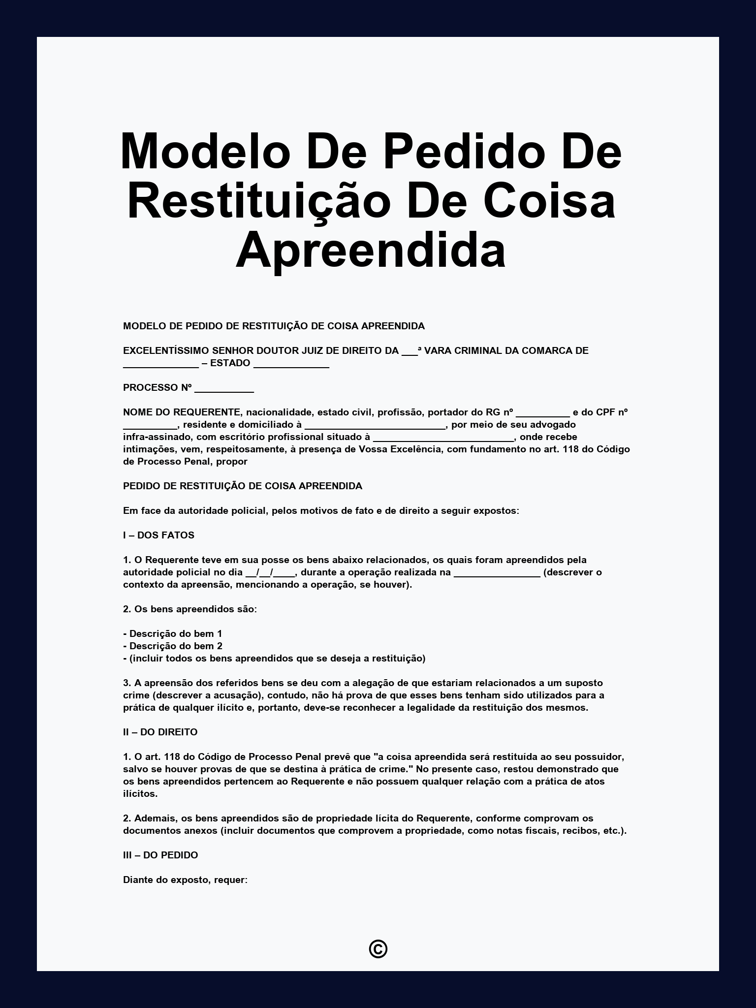Modelo De Pedido De Restituição De Coisa Apreendida
