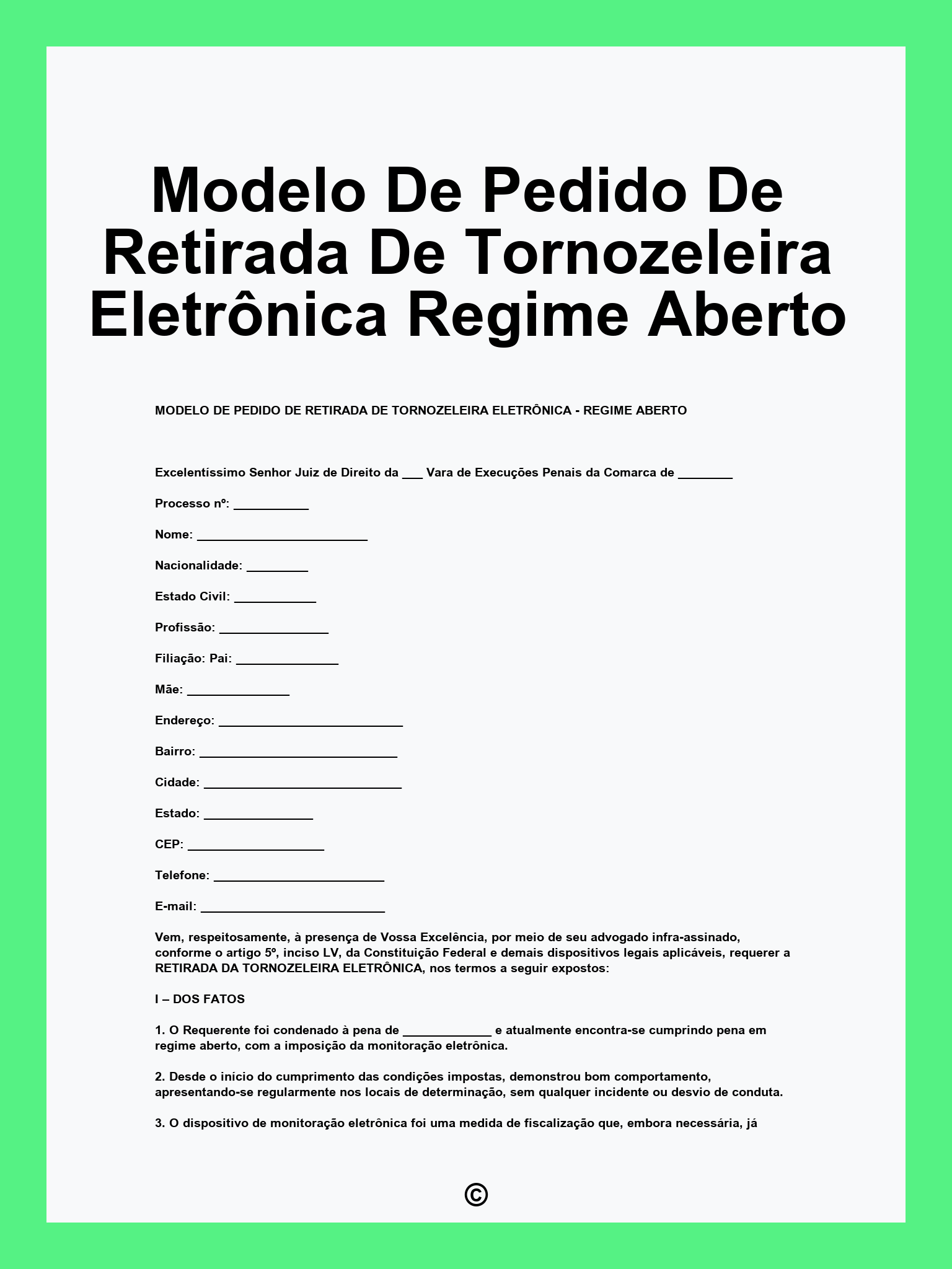 Modelo De Pedido De Retirada De Tornozeleira Eletrônica Regime Aberto