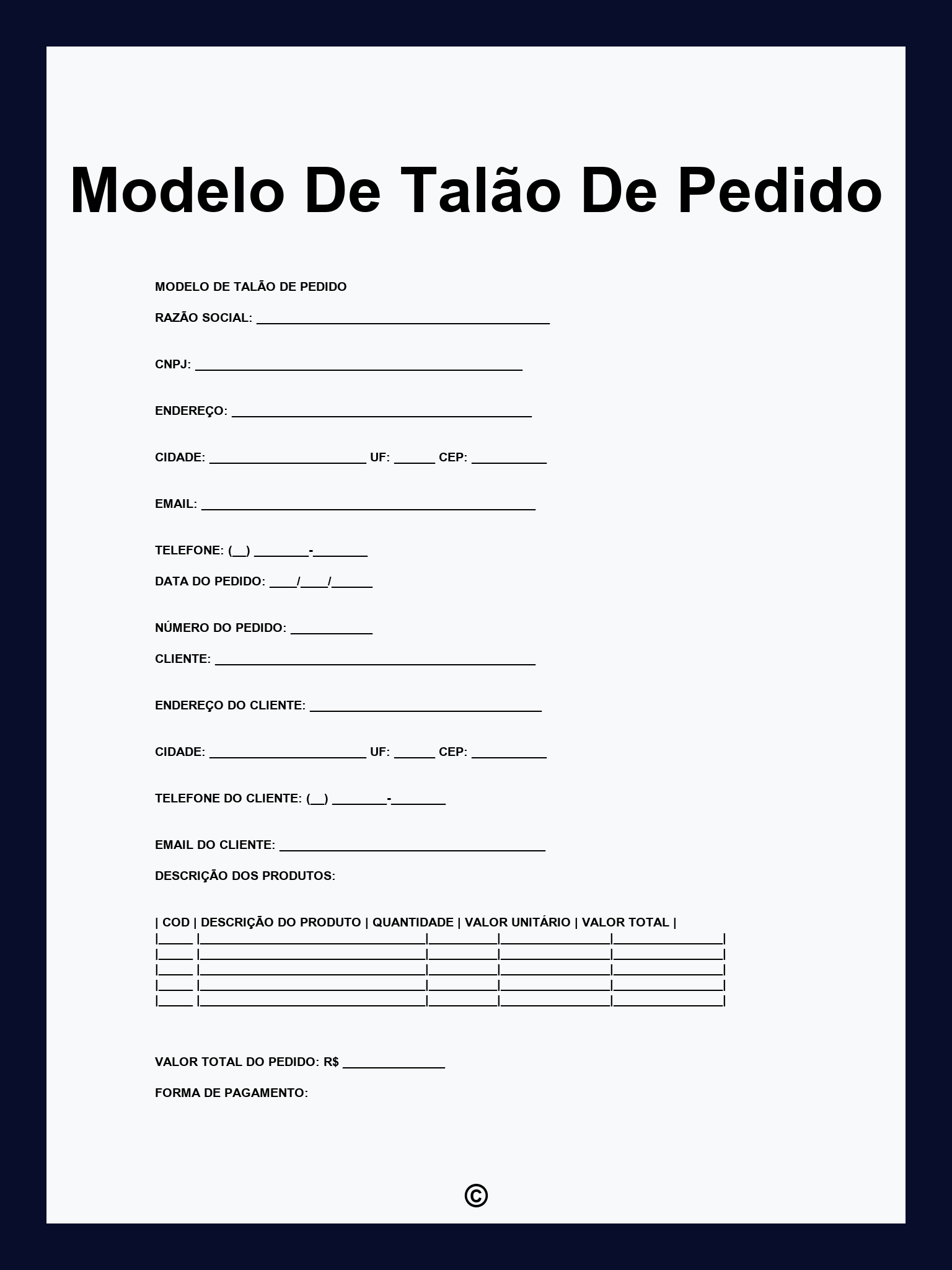 Modelo De Talão De Pedido