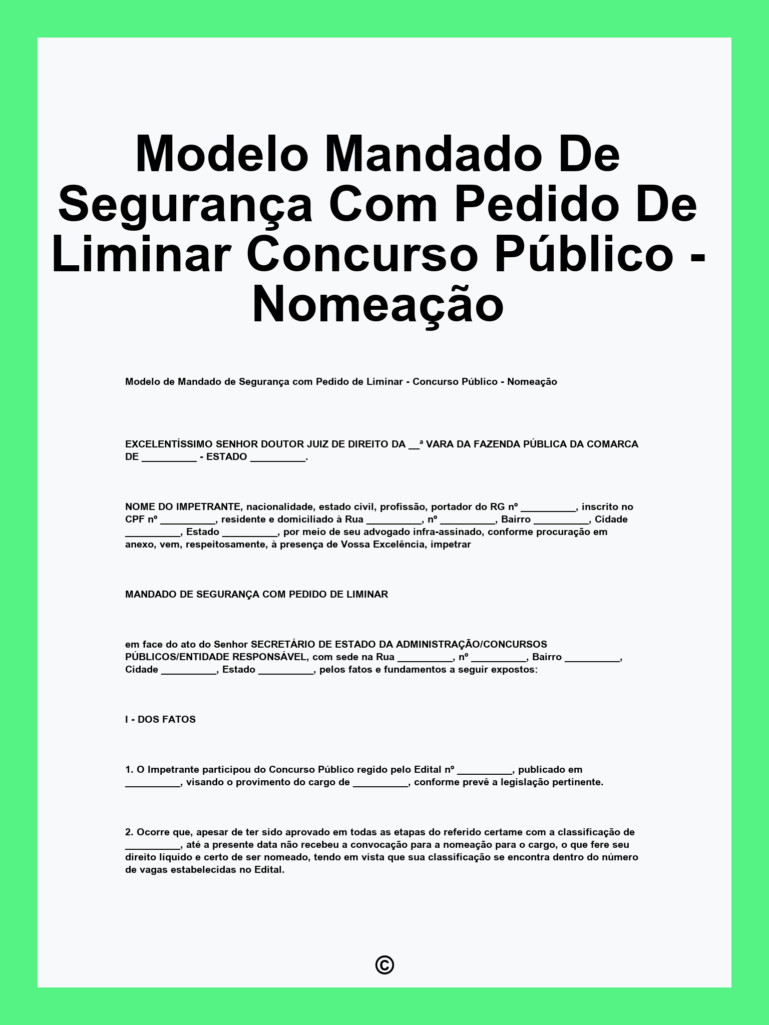 Modelo Mandado De Segurança Com Pedido De Liminar Concurso Público - Nomeação