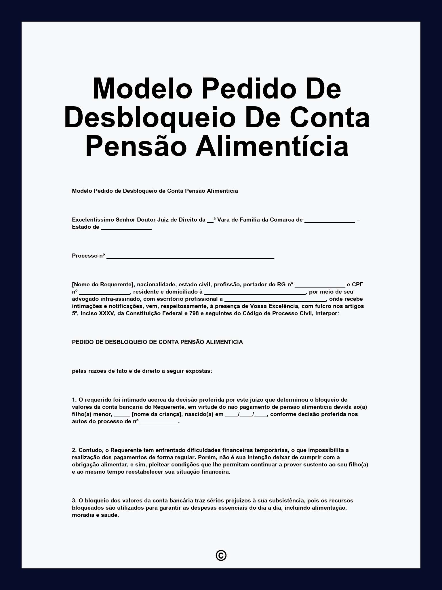 Modelo Pedido De Desbloqueio De Conta Pensão Alimentícia