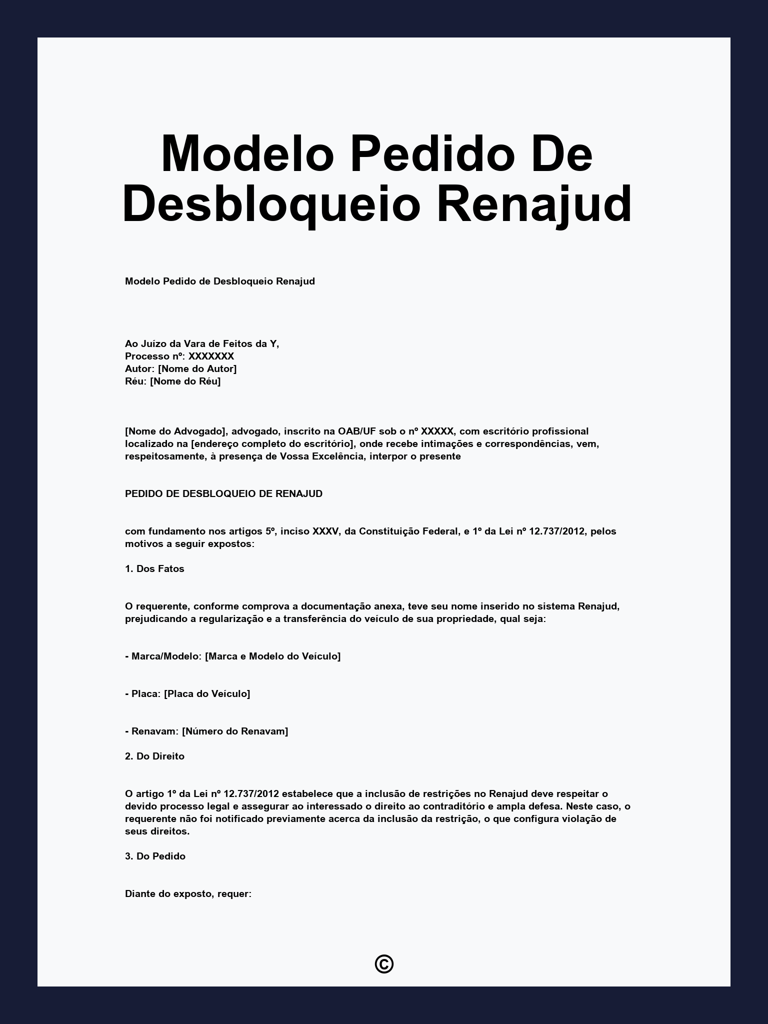 Modelo Pedido De Desbloqueio Renajud