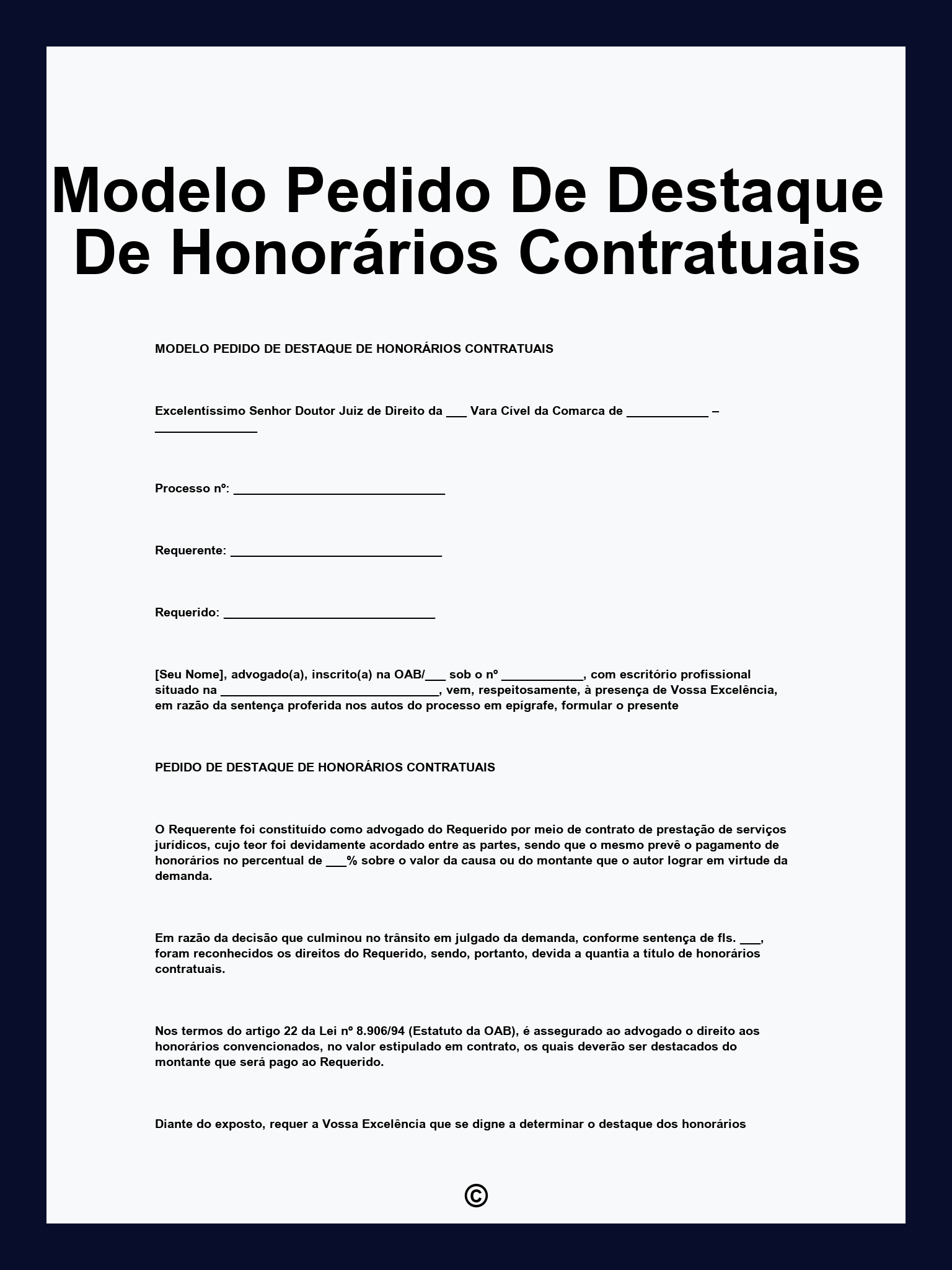 Modelo Pedido De Destaque De Honorários Contratuais