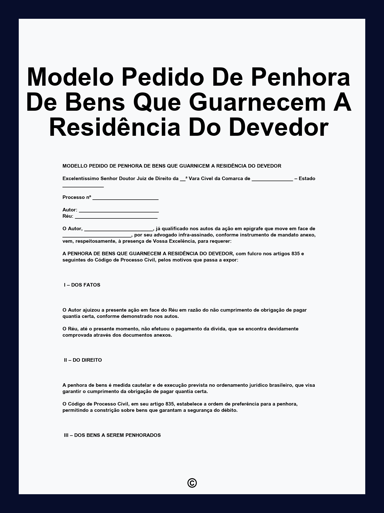 Modelo Pedido De Penhora De Bens Que Guarnecem A Residência Do Devedor